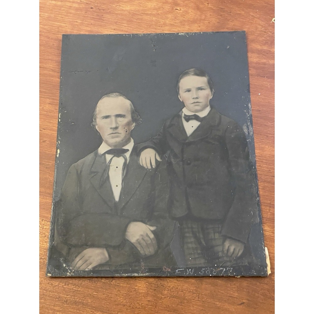Tintype Photograph 8.25" X 6.5" Father Son Antique